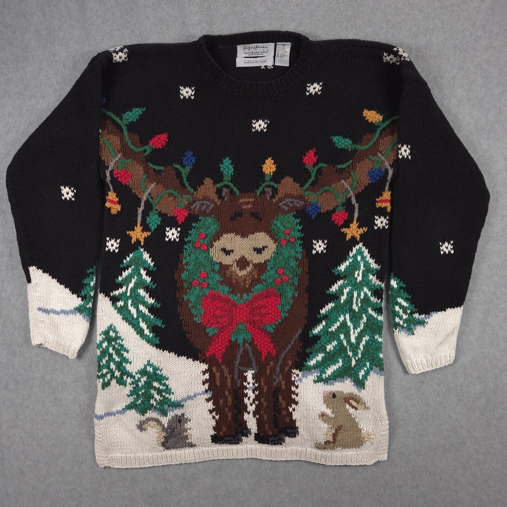 Signatures Northern Isles Womens Medium Black Moose Christmas Knitted Sweater